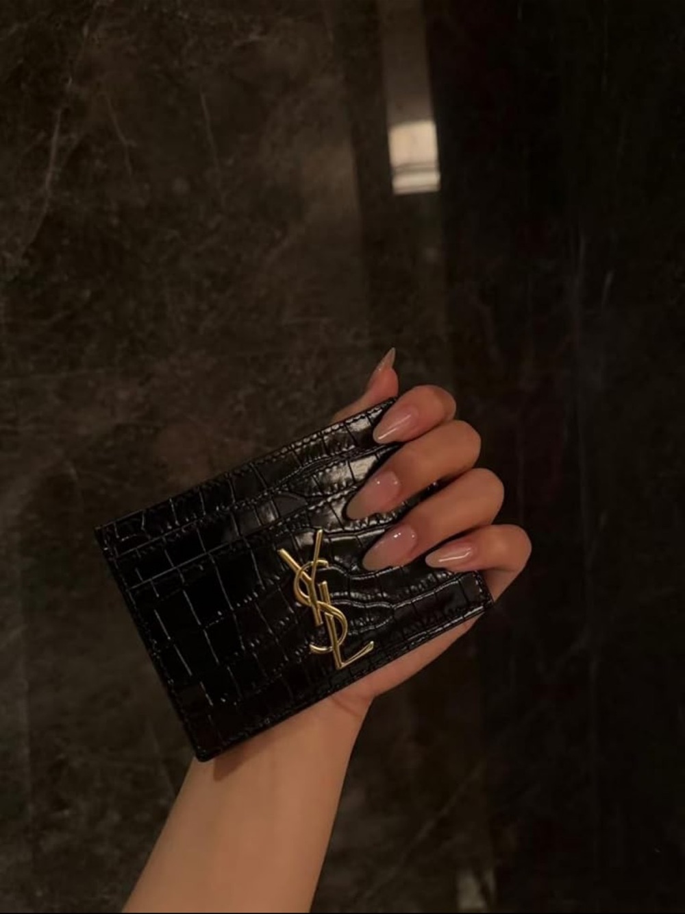 Y S L Black Croc Cardholder with Gold YSL letter Monogram